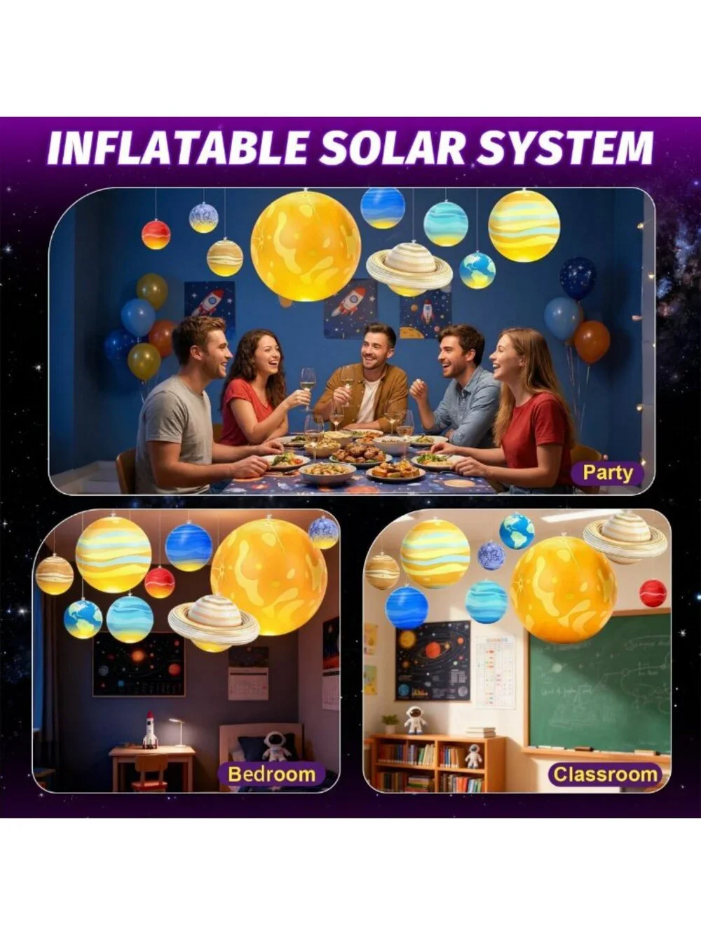 Inflatable Solar System Planets with LED Lights & Remote - Space Decor for